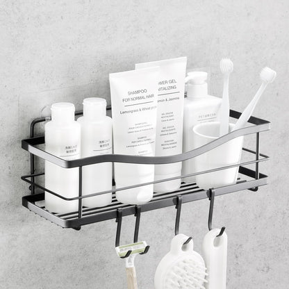 Premium Shower Caddy - Self Adhesive Shower Shelf with 4 Hooks - No Drill Large Capacity Stainless Steel Rack - Aesthetic Organizer for Bathroom Wall Decor - Matte Black