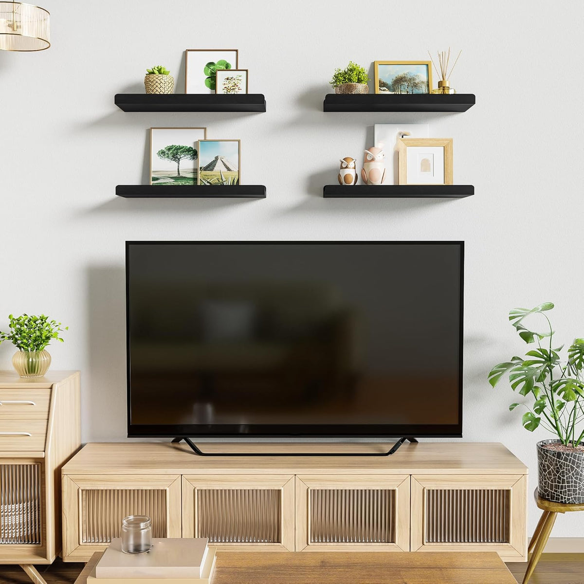 15.6" Black Floating Wall Shelves with Lip,Solid Wood,Set of 4