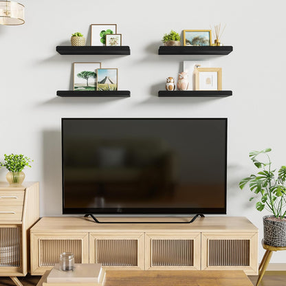 15.6" Black Floating Wall Shelves with Lip,Solid Wood,Set of 4