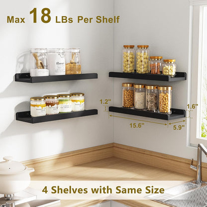 15.6" Black Floating Wall Shelves with Lip,Solid Wood,Set of 4