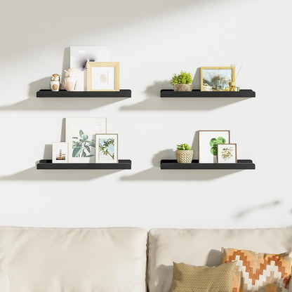 15.6" Black Floating Wall Shelves with Lip,Solid Wood,Set of 4