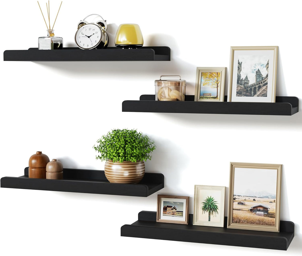 15.6" Black Floating Wall Shelves with Lip,Solid Wood,Set of 4