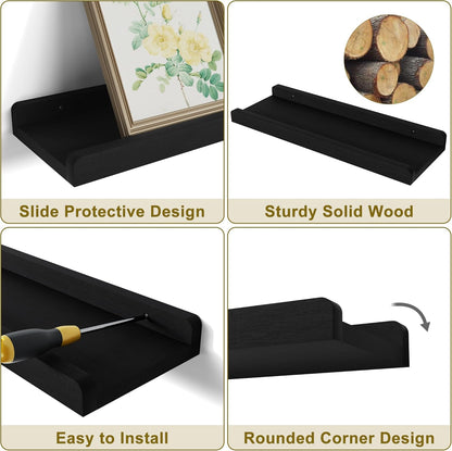 15.6" Black Floating Wall Shelves with Lip,Solid Wood,Set of 4
