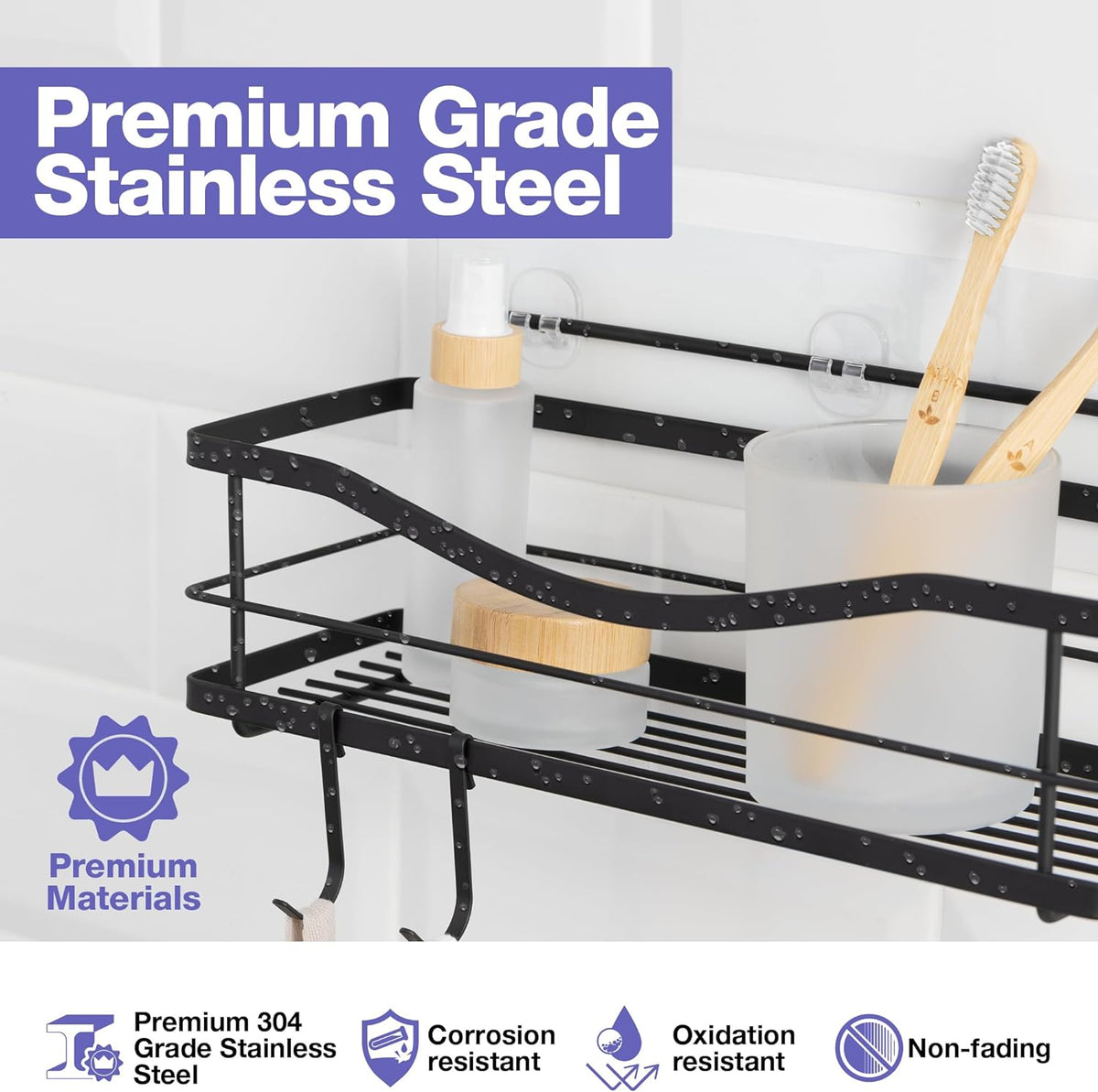 Premium Shower Caddy - Self Adhesive Shower Shelf with 4 Hooks - No Drill Large Capacity Stainless Steel Rack - Aesthetic Organizer for Bathroom Wall Decor - Matte Black