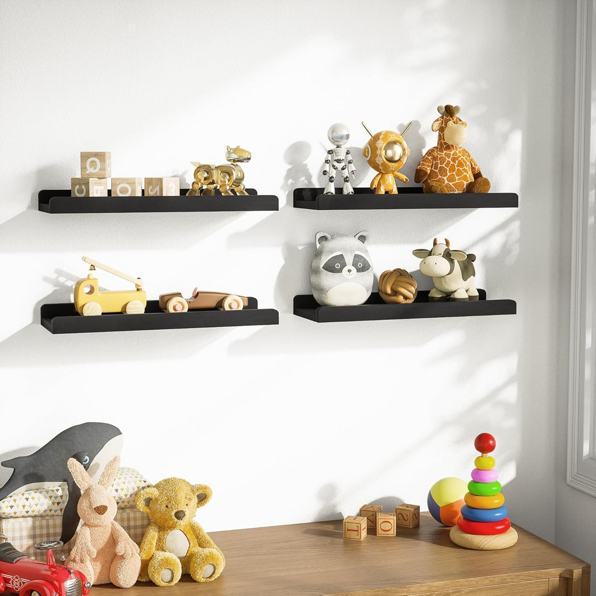 15.6" Black Floating Wall Shelves with Lip,Solid Wood,Set of 4