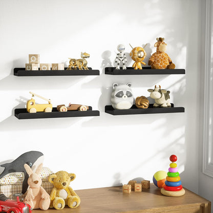 15.6" Black Floating Wall Shelves with Lip,Solid Wood,Set of 4
